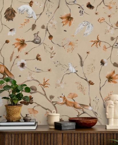 beige vægmaleri til børn kaldet Playful Forest - Beige Panorama af Kikki Belle til børnehaver og børns soveværelser