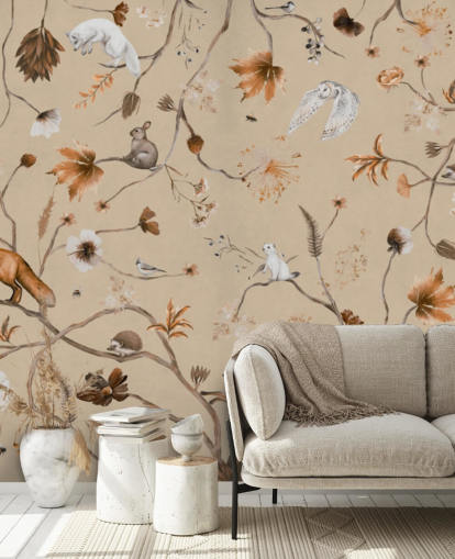 beigefarbenes Kinderwandbild namens Playful Forest - Beige Panorama von Kikki Belle für Baby- und Kinderzimmer