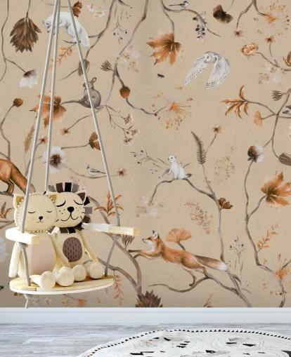 mural infantil beige llamado Playful Forest - Beige Panorama de Kikki Belle para guarderías y dormitorios infantiles