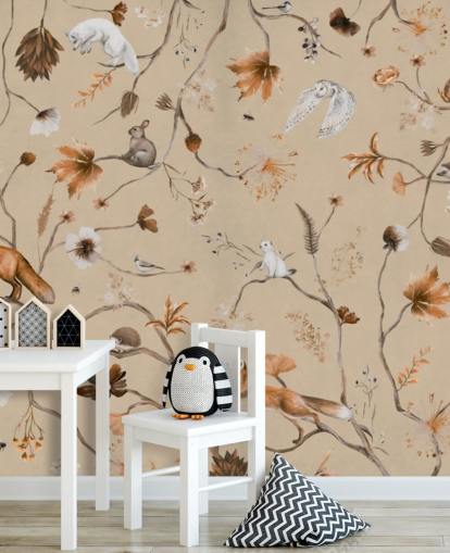 beige vægmaleri til børn kaldet Playful Forest - Beige Panorama af Kikki Belle til børnehaver og børns soveværelser