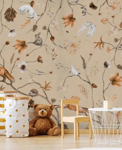 beigefarbenes Kinderwandbild namens Playful Forest - Beige Panorama von Kikki Belle für Baby- und Kinderzimmer beigefarbenes Kinderwandbild namens Playful Forest - Beige Panorama von Kikki Belle für Baby- und Kinderzimmer