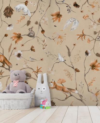 beige kids mural called Playful Forest - Beige Panorama by Kikki Belle for nurseries and children's bedrooms