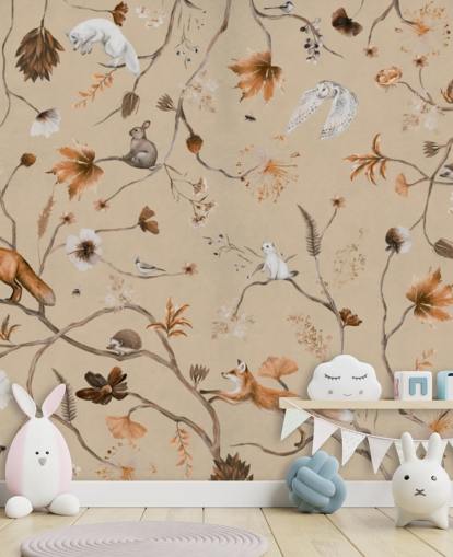 beige kids mural called Playful Forest - Beige Panorama by Kikki Belle for nurseries and children's bedrooms
