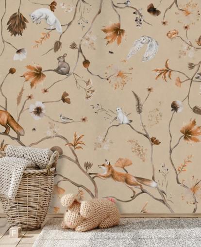 beige kindermuurschildering genaamd Playful Forest - Beige Panorama van Kikki Belle voor kinderdagverblijven en kinderkamers