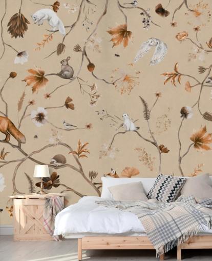 beige kids mural called Playful Forest - Beige Panorama by Kikki Belle for nurseries and children's bedrooms
