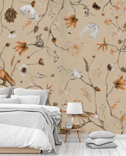 beige barnväggmålning som heter Playful Forest - Beige Panorama av Kikki Belle för plantskolor och barns sovrum beige barnväggmålning som heter Playful Forest - Beige Panorama av Kikki Belle för plantskolor och barns sovrum