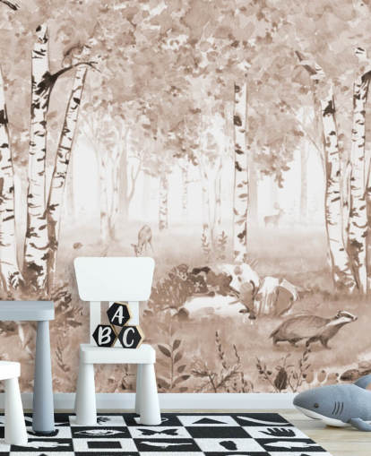 fresque forestière marron personnalisable pour enfants appelée Bear King Brown Panorama par Kikki Belle