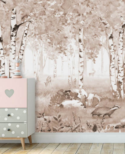 brun anpassningsbar barnskogsväggmålning som heter Bear King Brown Panorama av Kikki Belle