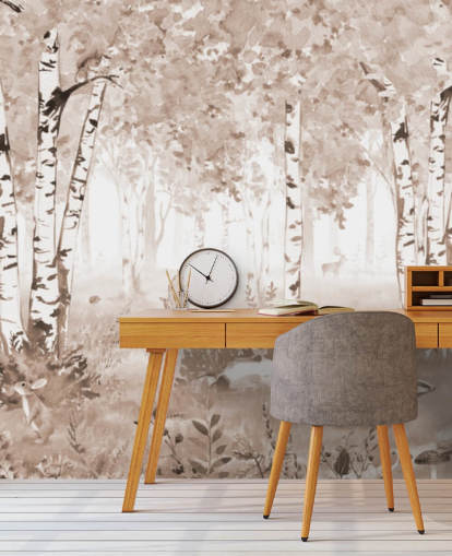 brun anpassningsbar barnskogsväggmålning som heter Bear King Brown Panorama av Kikki Belle