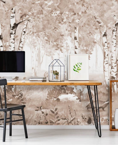 brown customizable kids forest mural called Bear King Brown Panorama by Kikki Belle