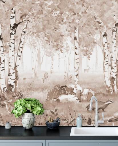 brown customisable kids forest mural called Bear King Brown Panorama by Kikki Belle