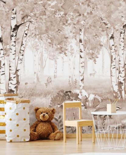 ruskea muokattava lasten metsäseinämaalaus nimeltä Bear King Brown Panorama, kirjoittanut Kikki Belle