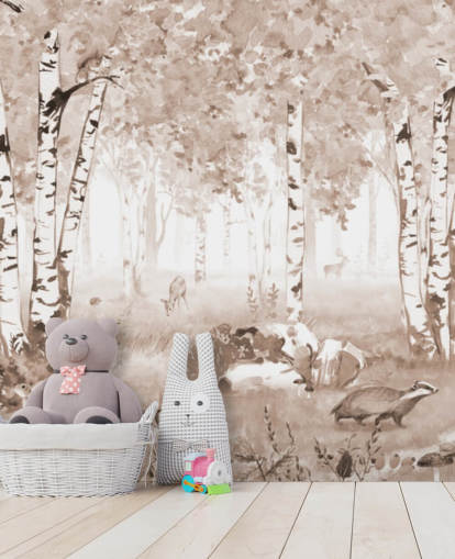 murale marrone personalizzabile nella foresta per bambini chiamato Bear King Brown Panorama di Kikki Belle