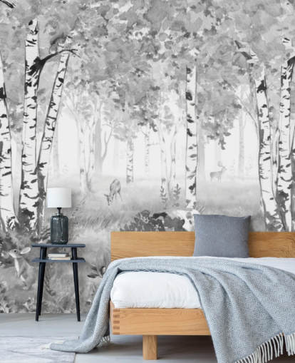 sort/hvidt planteskoleskovmaleri kaldet Bear King Black and White Panorama af Kikki Belle til børn