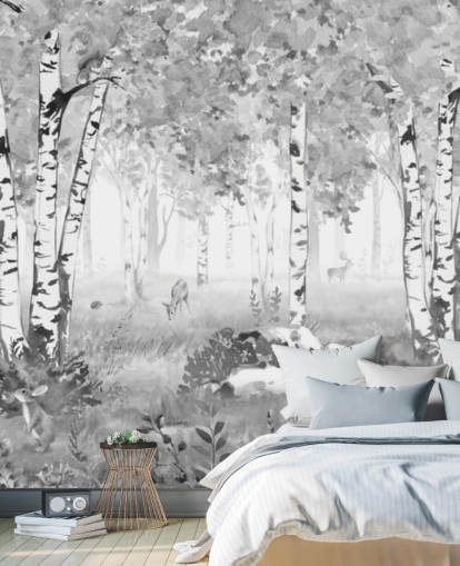 schwarz-weißes Baumschulwandbild namens Bear King Black and White Panorama von Kikki Belle für Kinder