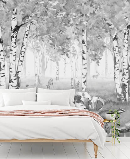 zwart-witte muurschildering in het kinderkamerbos genaamd Bear King Black and White Panorama van Kikki Belle voor kinderen