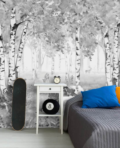 sort/hvidt planteskoleskovmaleri kaldet Bear King Black and White Panorama af Kikki Belle til børn sort/hvidt planteskoleskovmaleri kaldet Bear King Black and White Panorama af Kikki Belle til børn