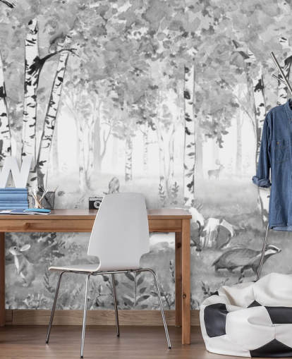 zwart-witte muurschildering in het kinderkamerbos genaamd Bear King Black and White Panorama van Kikki Belle voor kinderen