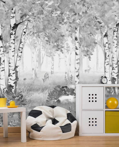 black and white nursery forest mural called Bear King Black and White Panorama by Kikki Belle for children