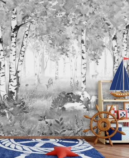 peinture murale noire et blanche d'une pépinière appelée Bear King Black and White Panorama par Kikki Belle pour enfants