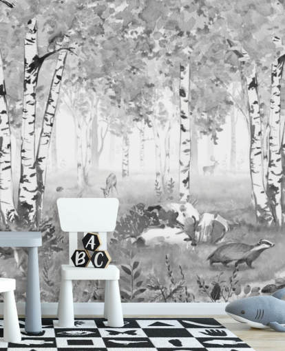 black and white nursery forest mural called Bear King Black and White Panorama by Kikki Belle for children