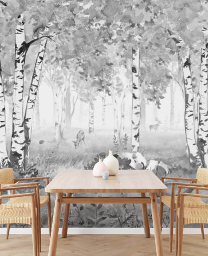 svart og hvitt barnehage skogmaleri kalt Bear King Black and White Panorama av Kikki Belle for barn