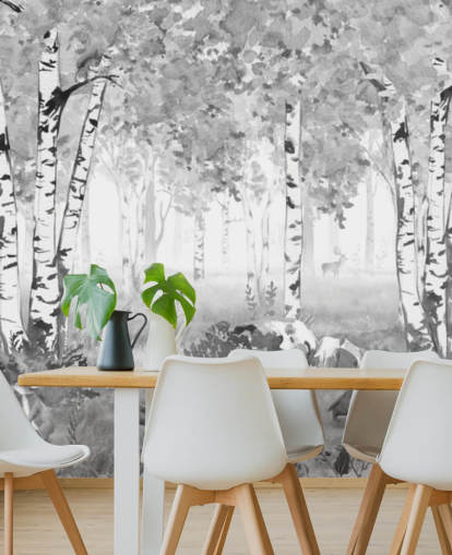 mural florestal de viveiro em preto e branco chamado Bear King Black and White Panorama de Kikki Belle para crianças