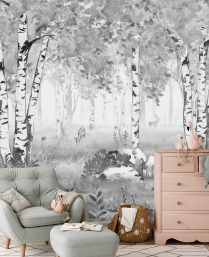 mural de bosque infantil en blanco y negro llamado Bear King Black and White Panorama de Kikki Belle para niños mural de bosque infantil en blanco y negro llamado Bear King Black and White Panorama de Kikki Belle para niños