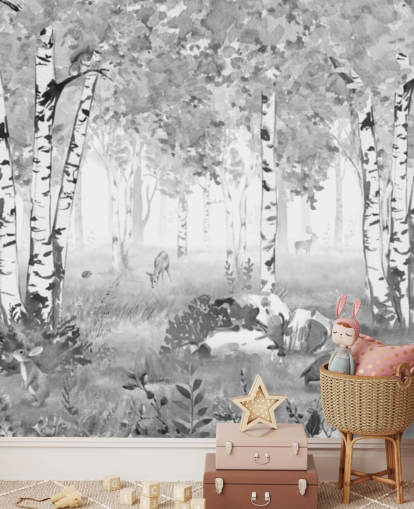black and white nursery forest mural called Bear King Black and White Panorama by Kikki Belle for children