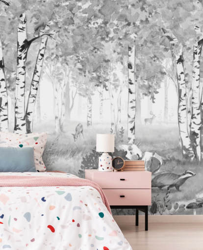 black and white nursery forest mural called Bear King Black and White Panorama by Kikki Belle for children