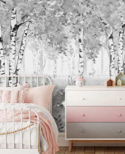 black and white nursery forest mural called Bear King Black and White Panorama by Kikki Belle for children
