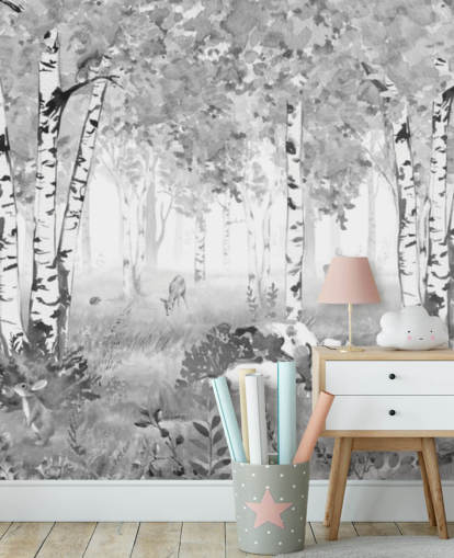 black and white nursery forest mural called Bear King Black and White Panorama by Kikki Belle for children