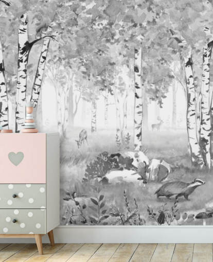 murale in bianco e nero della foresta dei bambini chiamato Bear King Black and White Panorama di Kikki Belle