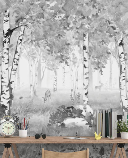 svart og hvitt barnehage skogmaleri kalt Bear King Black and White Panorama av Kikki Belle for barn