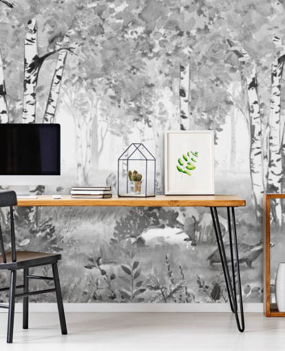 schwarz-weißes Baumschulwandbild namens Bear King Black and White Panorama von Kikki Belle für Kinder