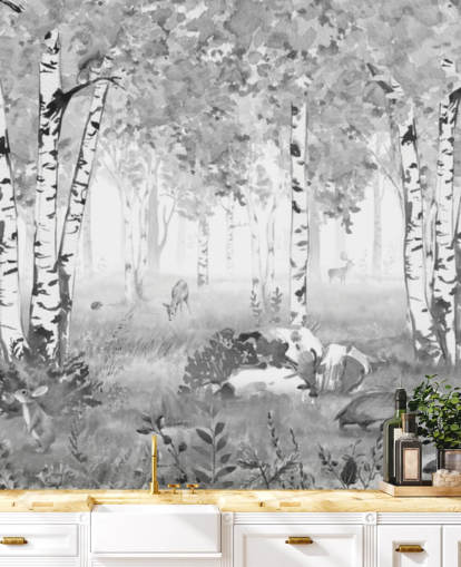 black and white nursery forest mural called Bear King Black and White Panorama by Kikki Belle for children