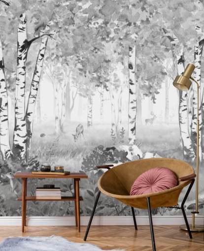 mural de bosque infantil en blanco y negro llamado Bear King Black and White Panorama de Kikki Belle para niños