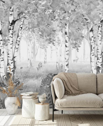 black and white nursery forest mural called Bear King Black and White Panorama by Kikki Belle for children