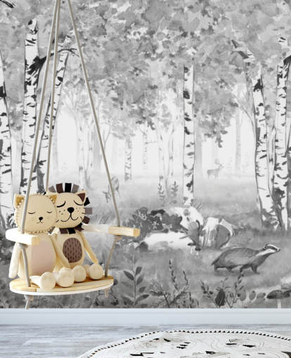 schwarz-weißes Baumschulwandbild namens Bear King Black and White Panorama von Kikki Belle für Kinder