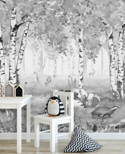 mural de bosque infantil en blanco y negro llamado Bear King Black and White Panorama de Kikki Belle para niños