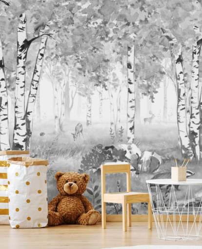 mural de bosque infantil en blanco y negro llamado Bear King Black and White Panorama de Kikki Belle para niños mural de bosque infantil en blanco y negro llamado Bear King Black and White Panorama de Kikki Belle para niños