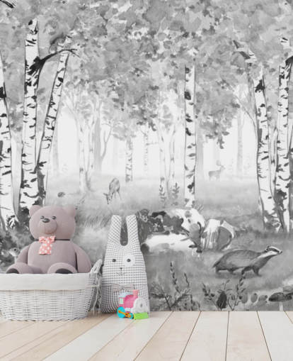 mustavalkoinen lastentarhan metsäseinämaalaus nimeltä Bear King Black and White Panorama, kirjoittanut Kikki Belle lapsille mustavalkoinen lastentarhan metsäseinämaalaus nimeltä Bear King Black and White Panorama, kirjoittanut Kikki Belle lapsille