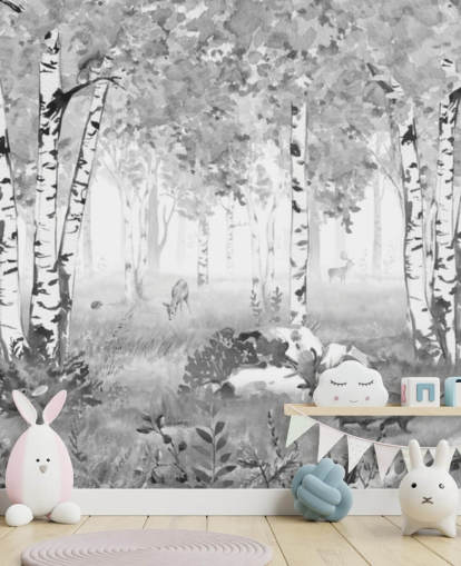 black and white nursery forest mural called Bear King Black and White Panorama by Kikki Belle for children