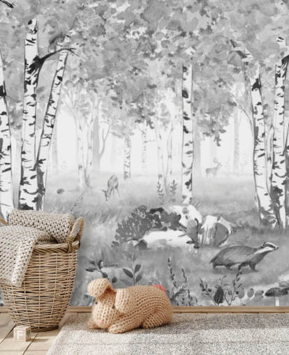mural de bosque infantil en blanco y negro llamado Bear King Black and White Panorama de Kikki Belle para niños