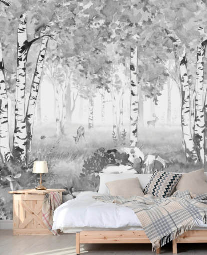 sort/hvidt planteskoleskovmaleri kaldet Bear King Black and White Panorama af Kikki Belle til børn