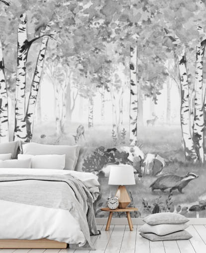 murale in bianco e nero della foresta dei bambini chiamato Bear King Black and White Panorama di Kikki Belle