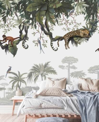 mural de selva infantil branco e verde chamado Cheeky Monkeys Panorama de Kikki Belle