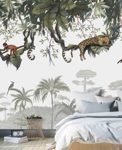 white and green kids jungle mural called Cheeky Monkeys Panorama by Kikki Belle white and green kids jungle mural called Cheeky Monkeys Panorama by Kikki Belle