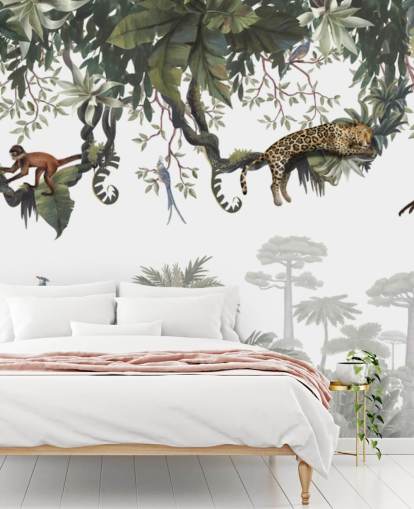 white and green kids jungle mural called Cheeky Monkeys Panorama by Kikki Belle white and green kids jungle mural called Cheeky Monkeys Panorama by Kikki Belle