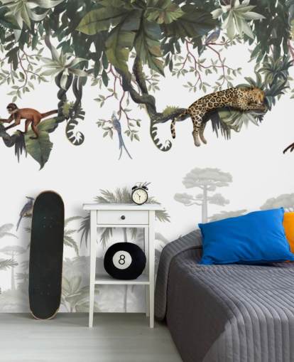 weißes und grünes Dschungel-Wandbild für Kinder namens Cheeky Monkeys Panorama von Kikki Belle